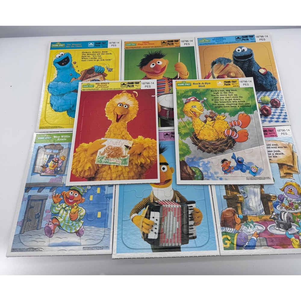 Golden Sesame Street Frame-Tray Puzzles‎ Set 8pc Kids 1986 Vintage New Big Bird